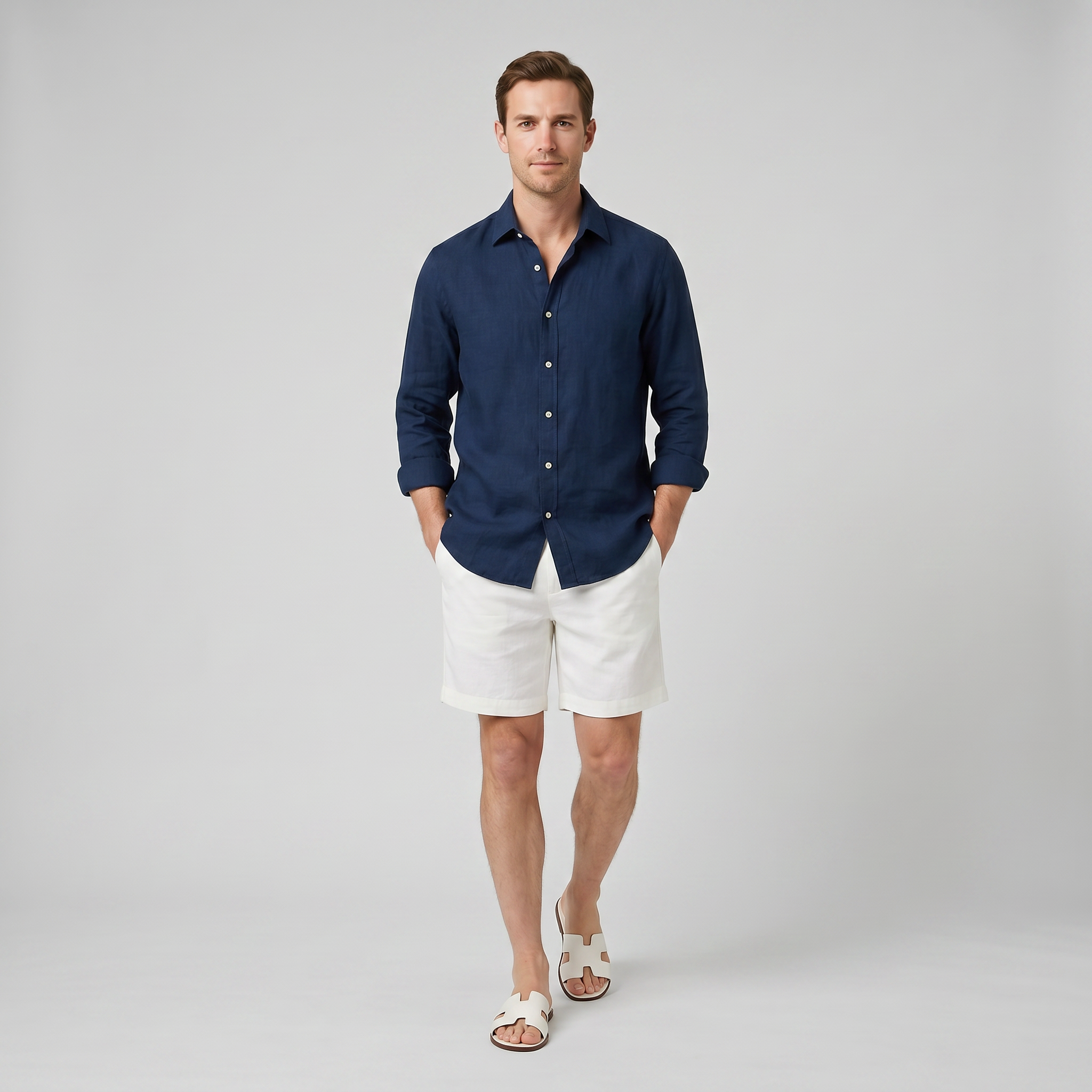 Men’s Long-Sleeved Linen Shirt and Shorts Set | Celestiella