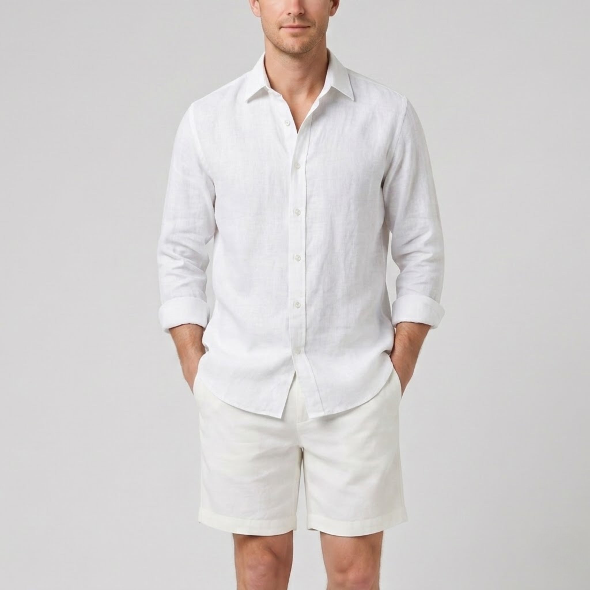 Men’s Long-Sleeved Linen Shirt and Shorts Set | Celestiella