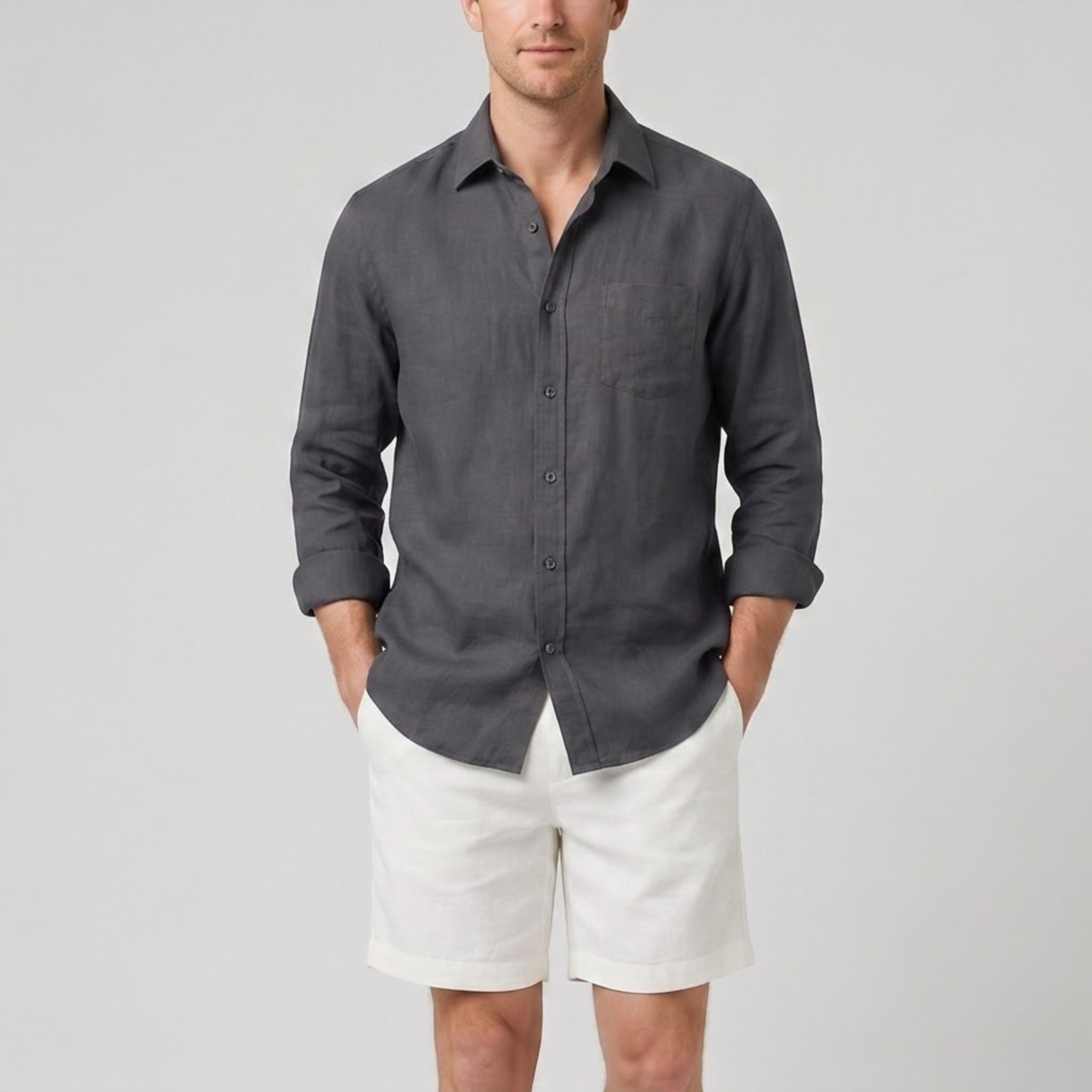 Men’s Long-Sleeved Linen Shirt and Shorts Set | Celestiella