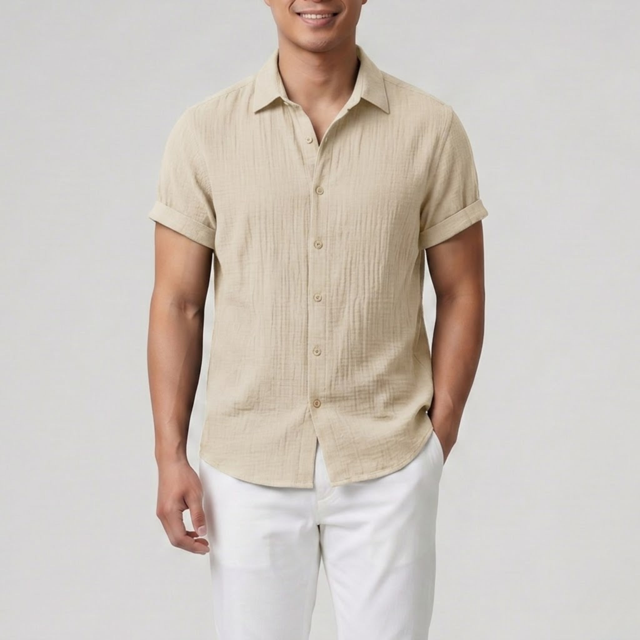 Men’s Short-Sleeve Textured Button-Up Shirt | Celestiella