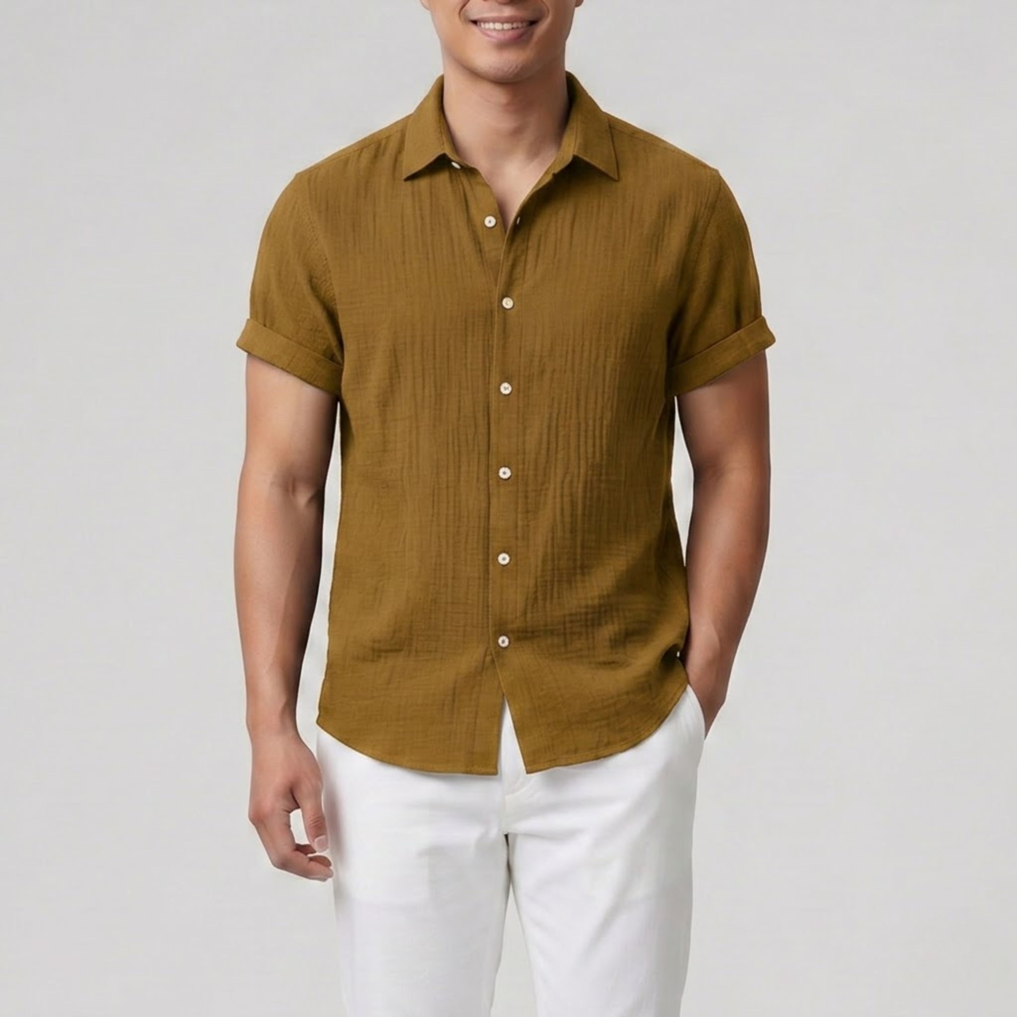 Men’s Short-Sleeve Textured Button-Up Shirt | Celestiella