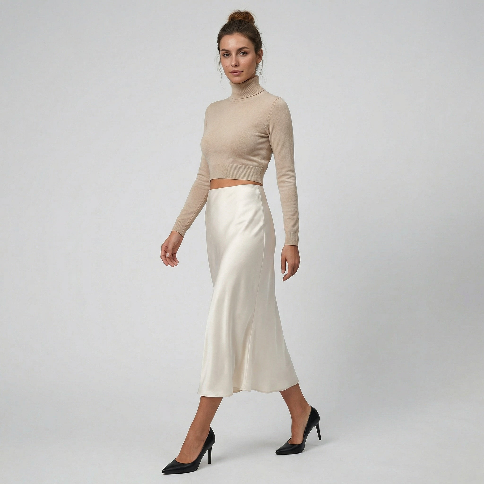 Celestiella - Women’s Champagne Satin Midi Skirt
