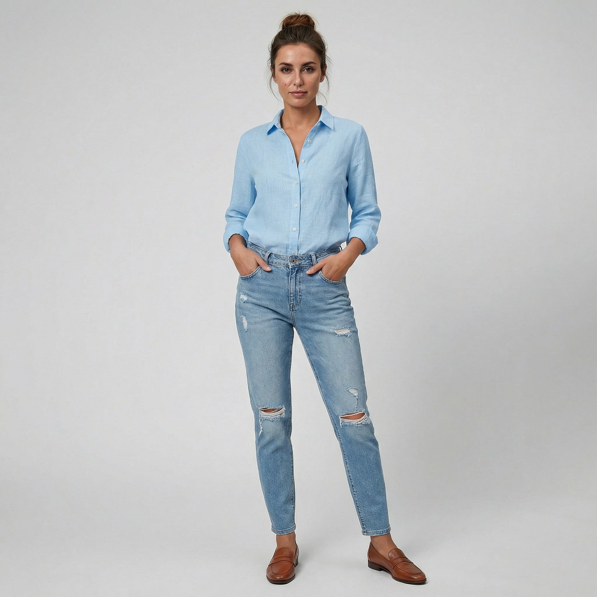 Celestiella - Women’s Sky Blue Linen-Blend Shirt