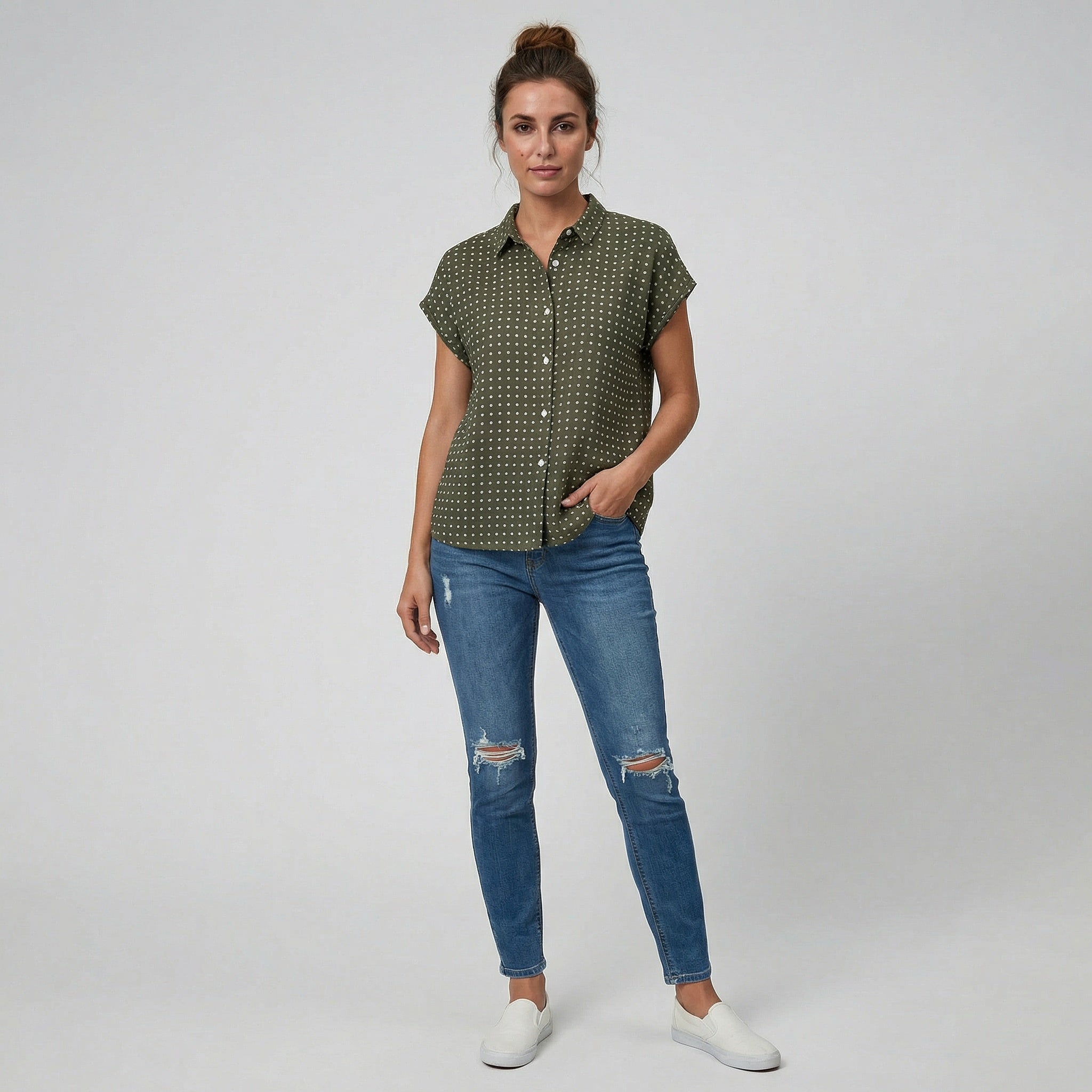 Celestiella - Women’s Polka Dot Cap-Sleeve Shirt