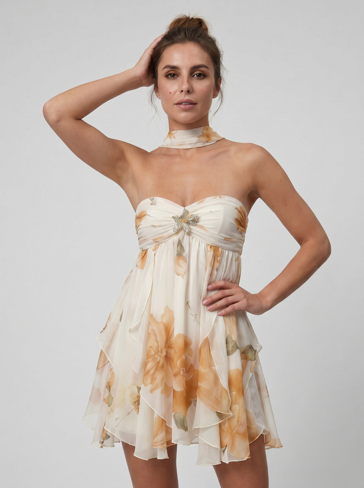 Women's Mini Dress – Floral Silk Chiffon Summer Style