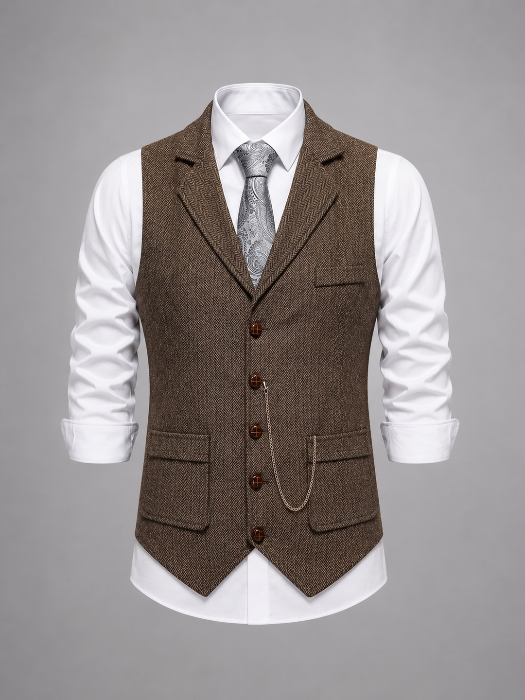 Men’s Tailored Herringbone Waistcoat with Chain Accent