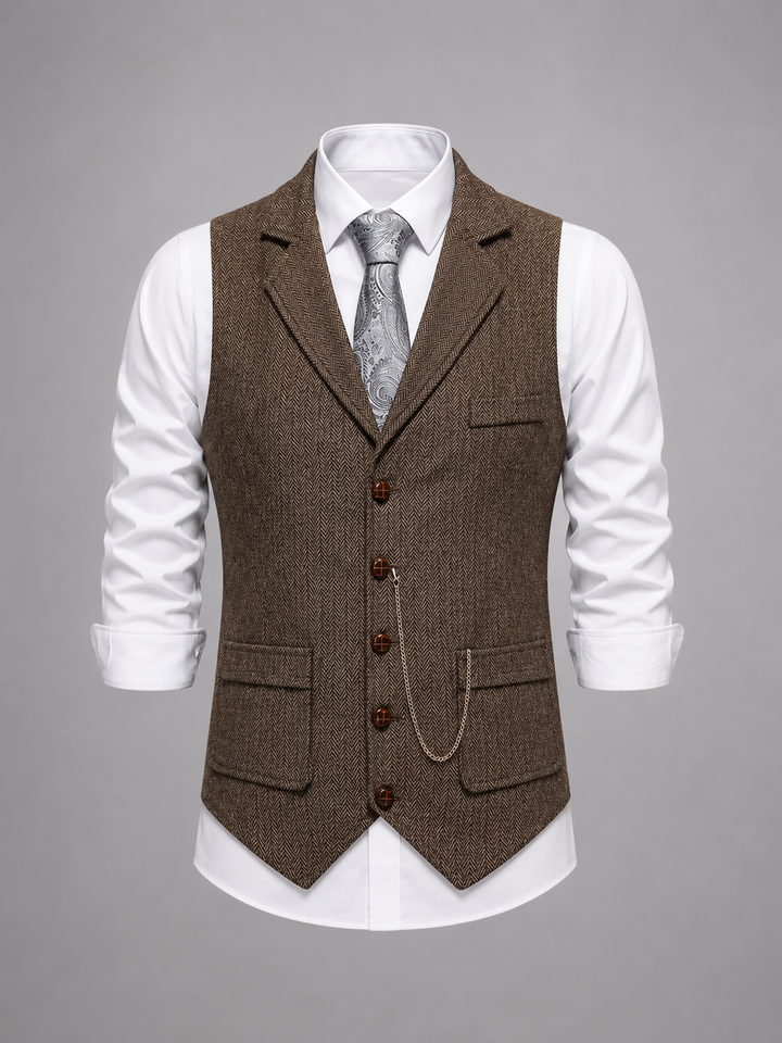 Men’s Tailored Herringbone Waistcoat with Chain Accent