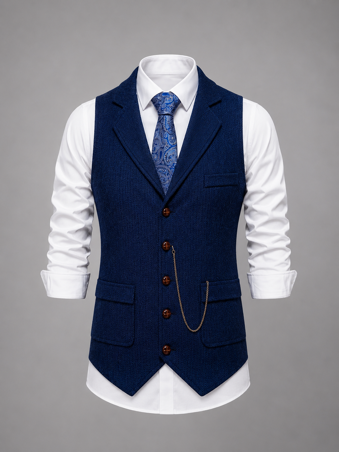 Men’s Tailored Herringbone Waistcoat with Chain Accent