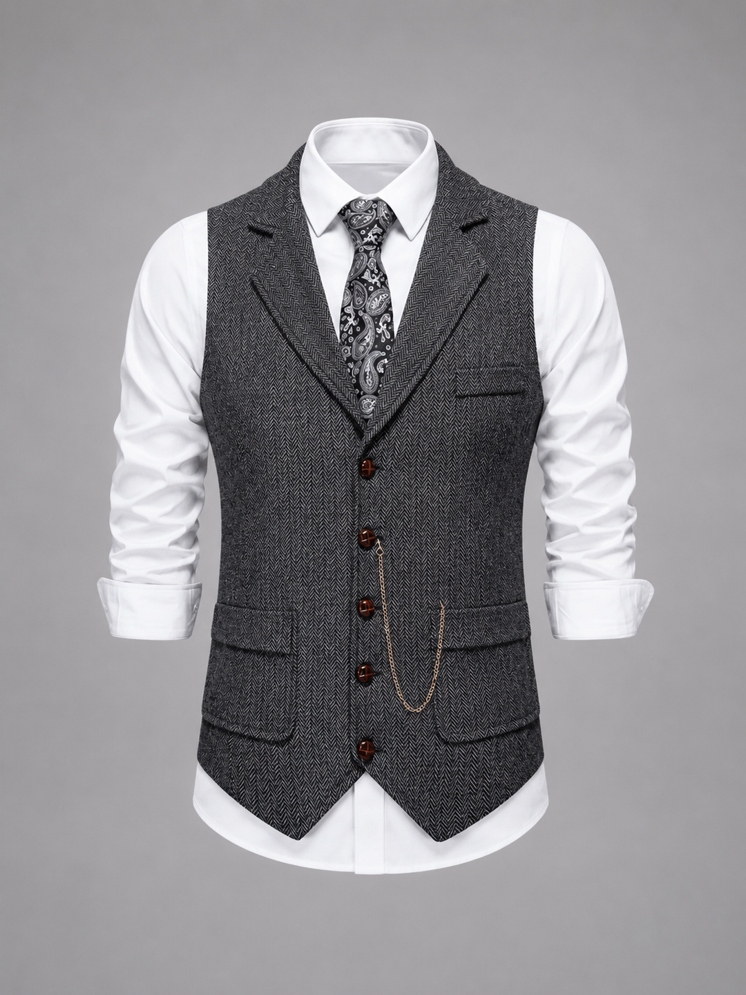 Men’s Tailored Herringbone Waistcoat with Chain Accent