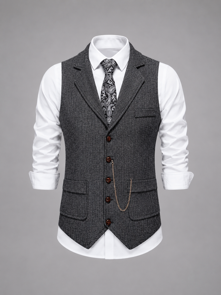 Men’s Tailored Herringbone Waistcoat with Chain Accent