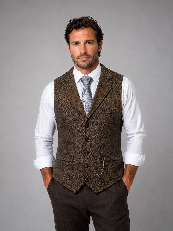 Men’s Tailored Herringbone Waistcoat with Chain Accent