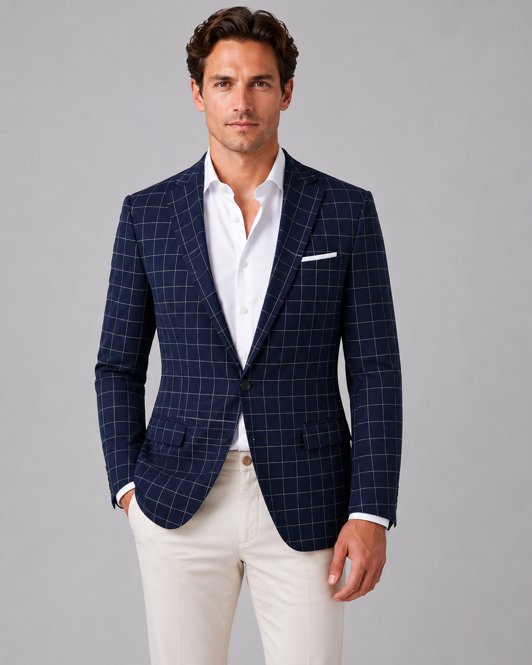 Men’s Tailored Windowpane Blazer with Notch Lapels