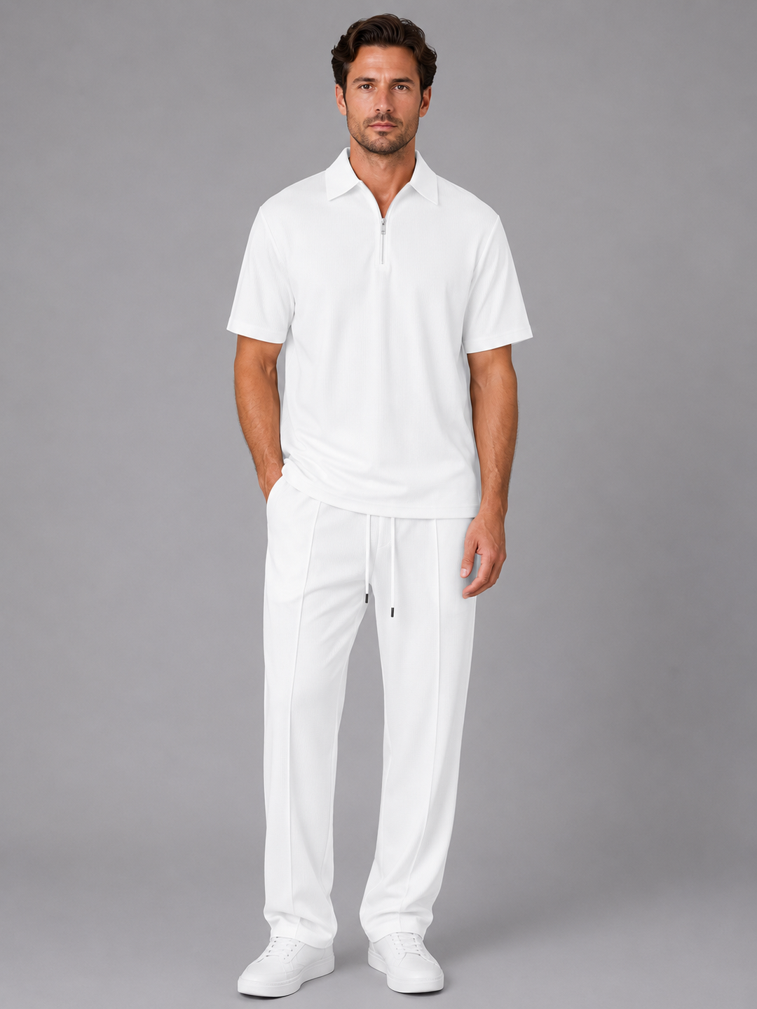 Men’s Waffle Knit Set with Zip Polo