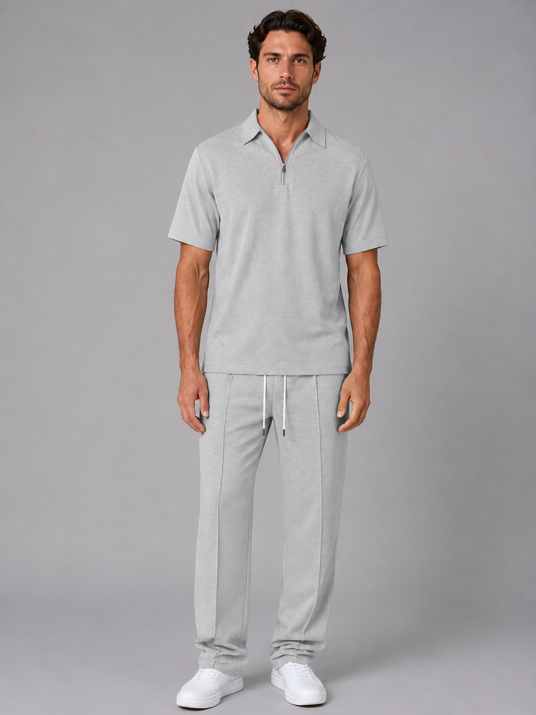 Men’s Waffle Knit Set with Zip Polo