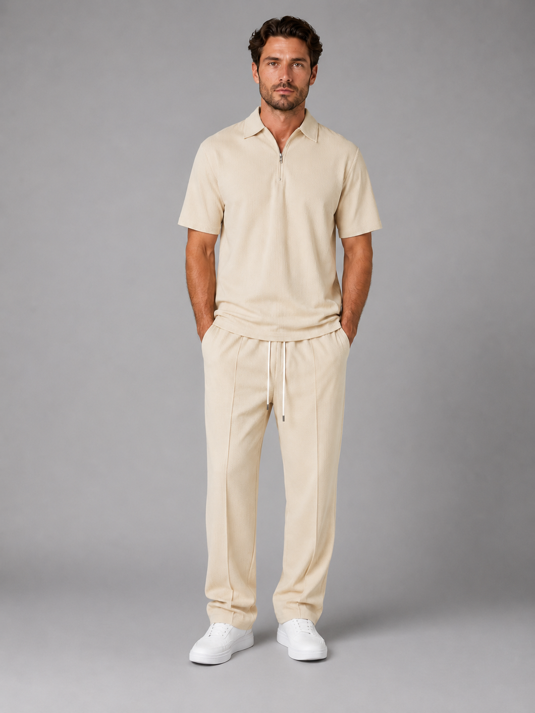 Men’s Waffle Knit Set with Zip Polo