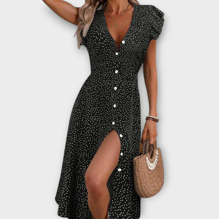 Women's A-line Dress with Polka Dot Pattern for Daytime