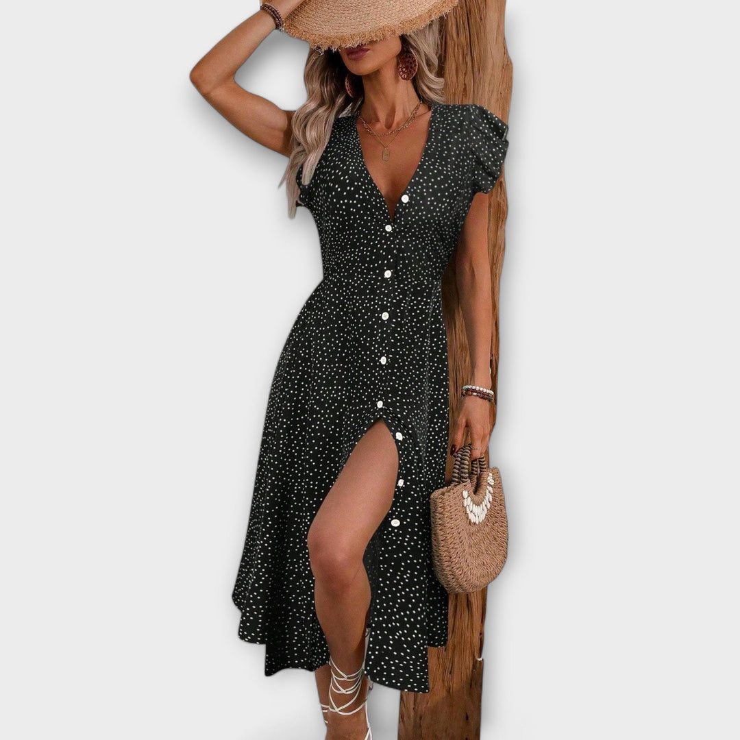 Women's A-line Dress with Polka Dot Pattern for Daytime