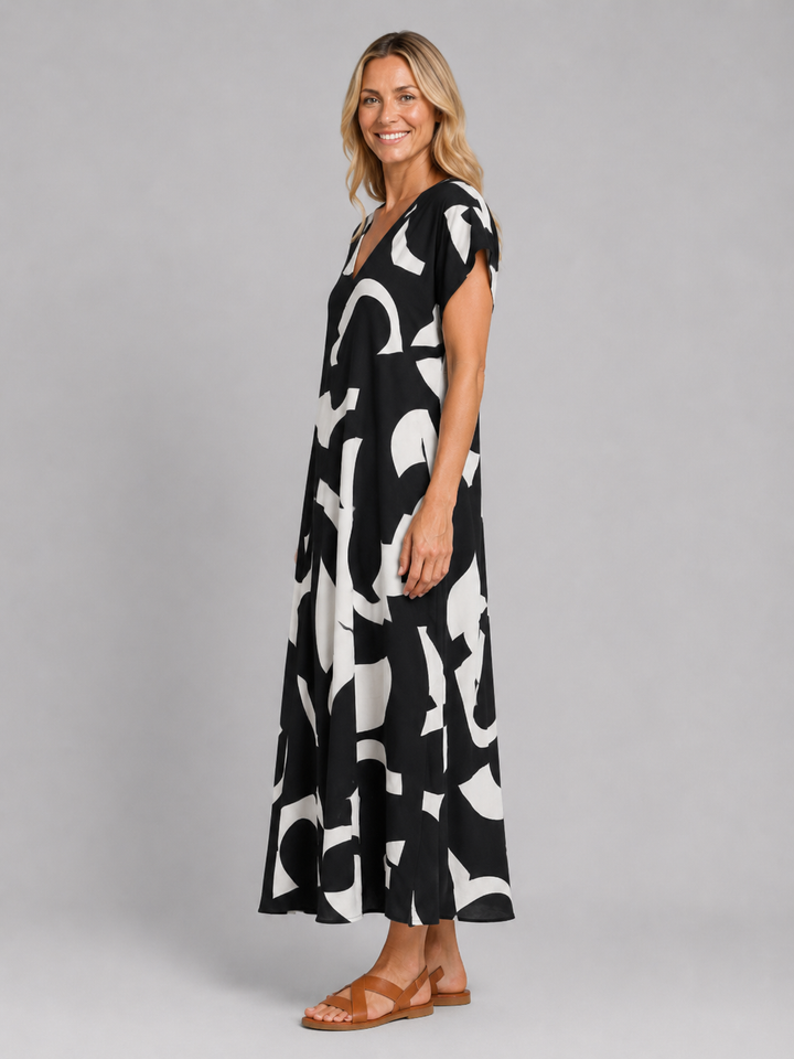Women’s Abstract Print Maxi Dress with V-Neck