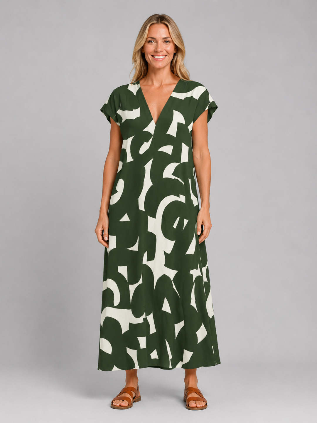 Women’s Abstract Print Maxi Dress with V-Neck
