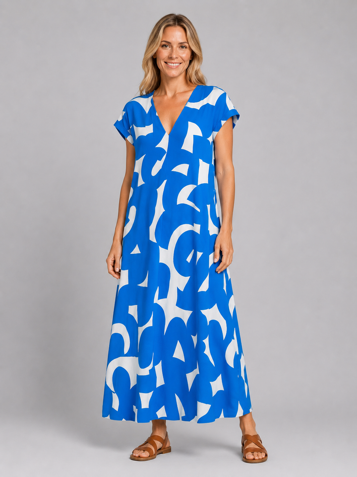 Women’s Abstract Print Maxi Dress with V-Neck