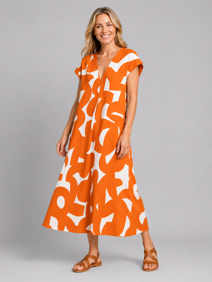 Women’s Abstract Print Maxi Dress with V-Neck