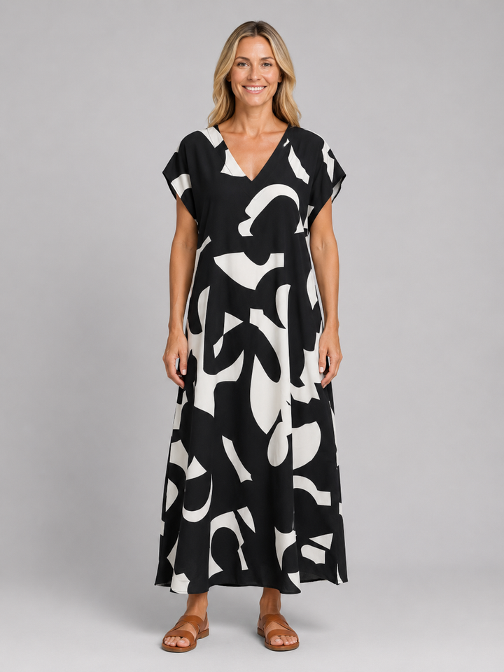 Women’s Abstract Print Maxi Dress with V-Neck