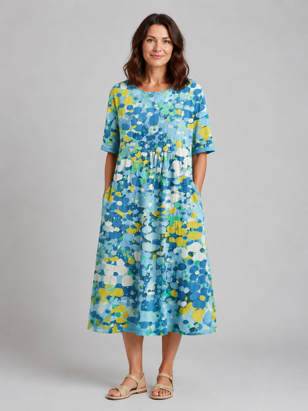Women’s Abstract Print Midi Dress with Pockets
