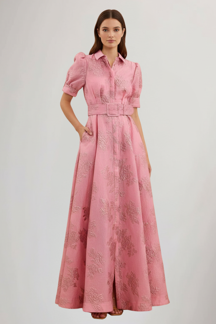 Women's Belted Maxi Dress with Short Sleeves for Summer