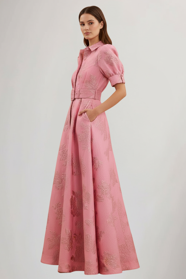 Women's Belted Maxi Dress with Short Sleeves for Summer