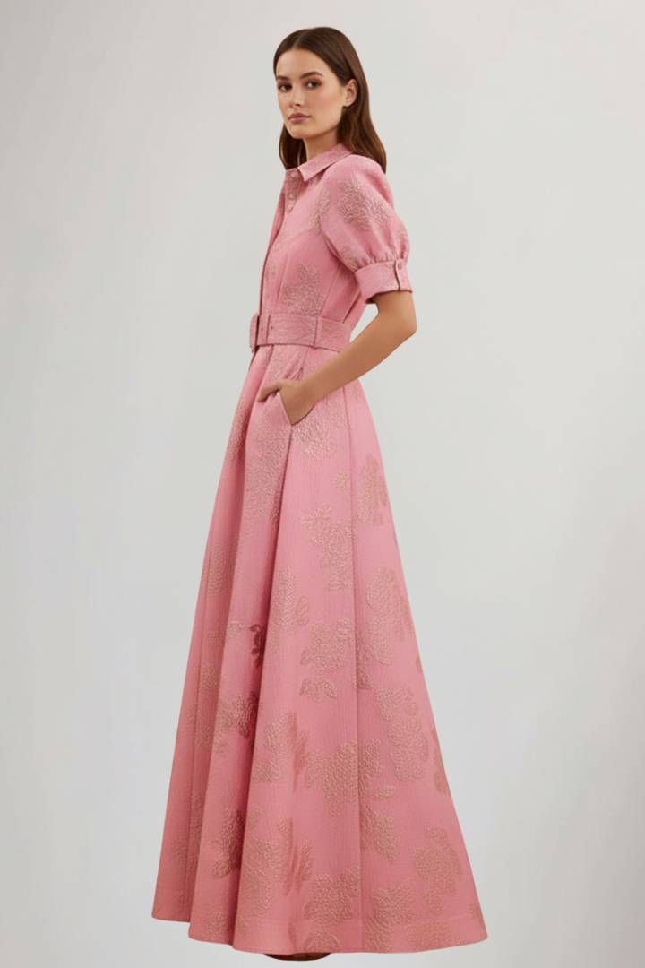 Women's Belted Maxi Dress with Short Sleeves for Summer