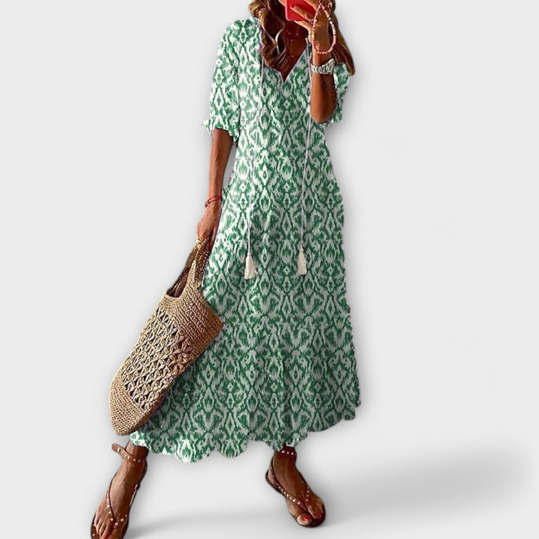 Women's Bohemian Maxi Dress with Tie Waist for Daytime