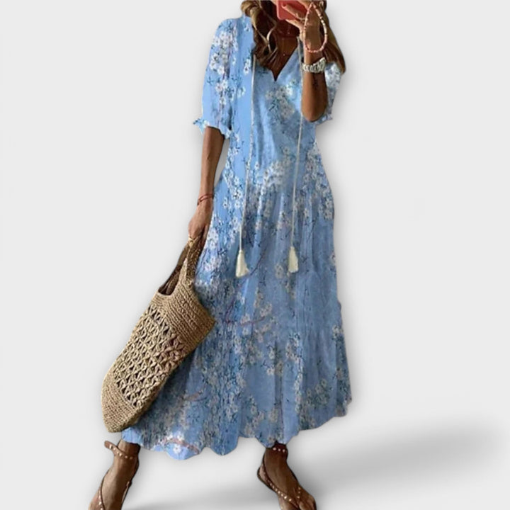 Women's Bohemian Maxi Dress with Tie Waist for Daytime