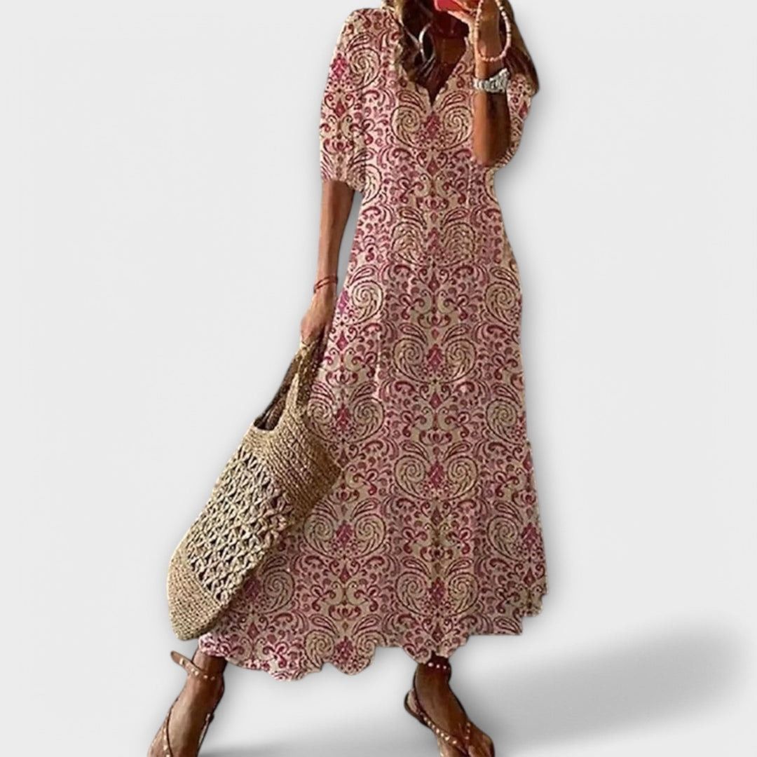 Women's Bohemian Maxi Dress with Tie Waist for Daytime