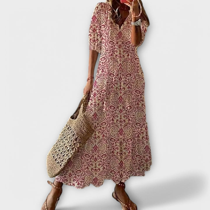 Women's Bohemian Maxi Dress with Tie Waist for Daytime