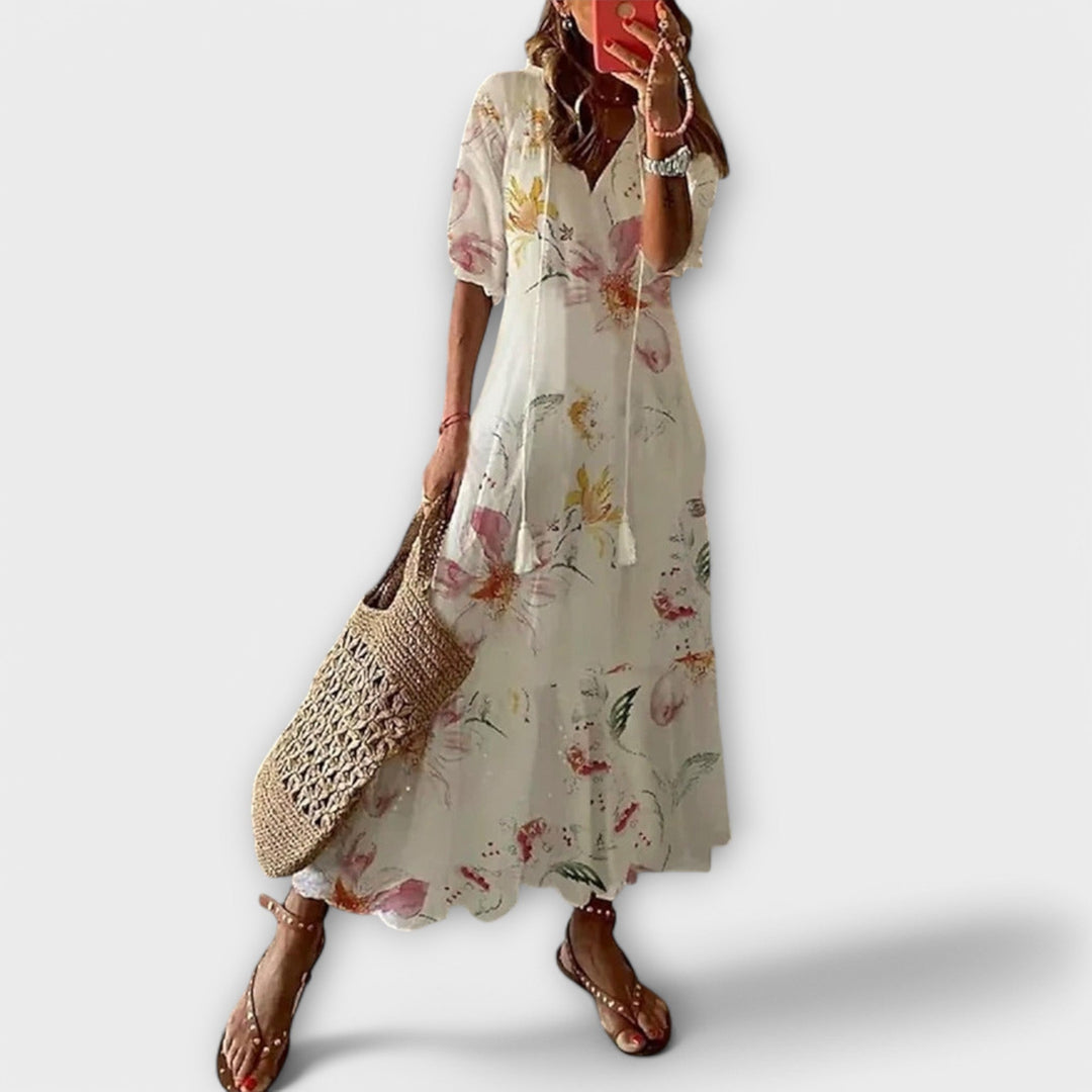 Women's Bohemian Maxi Dress with Tie Waist for Daytime
