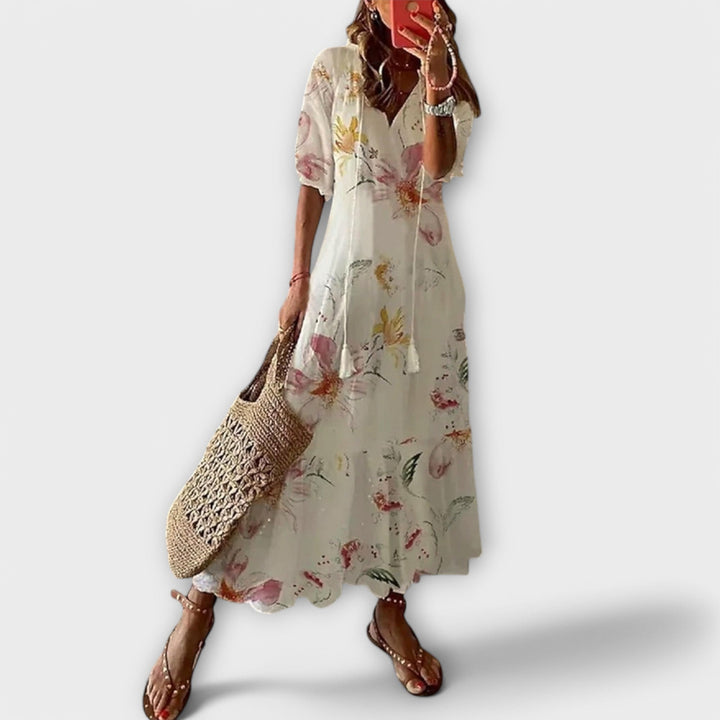 Women's Bohemian Maxi Dress with Tie Waist for Daytime