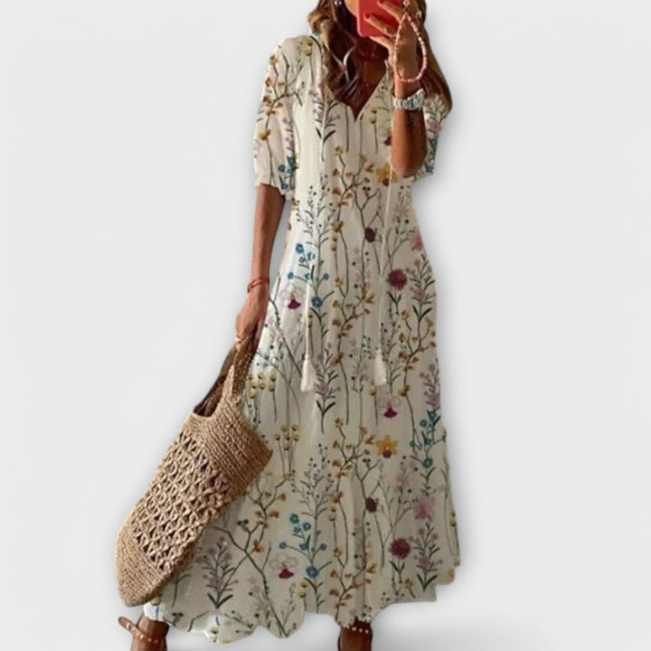 Women's Bohemian Maxi Dress with Tie Waist for Daytime