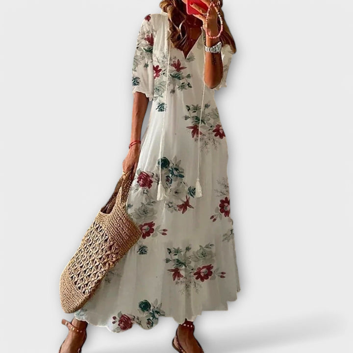 Women's Bohemian Maxi Dress with Tie Waist for Daytime