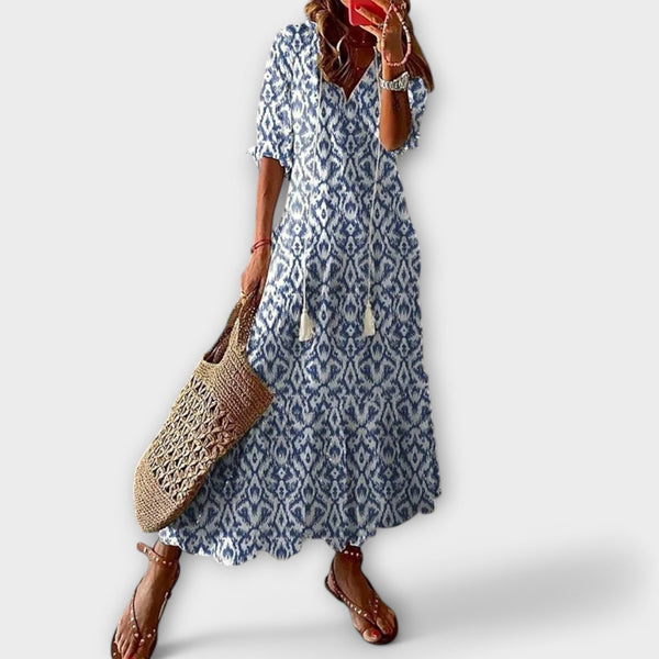 Women's Bohemian Maxi Dress with Tie Waist for Daytime