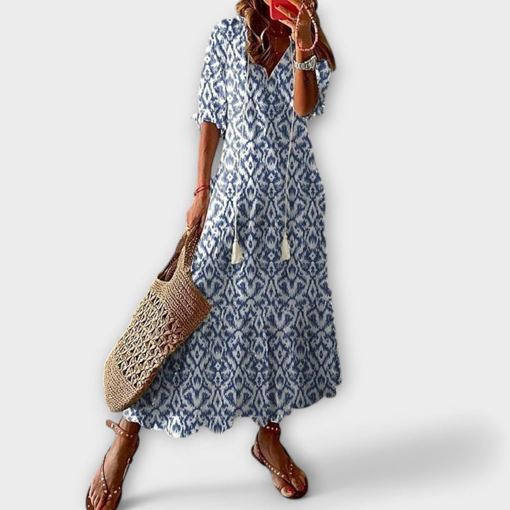 Women's Bohemian Maxi Dress with Tie Waist for Daytime