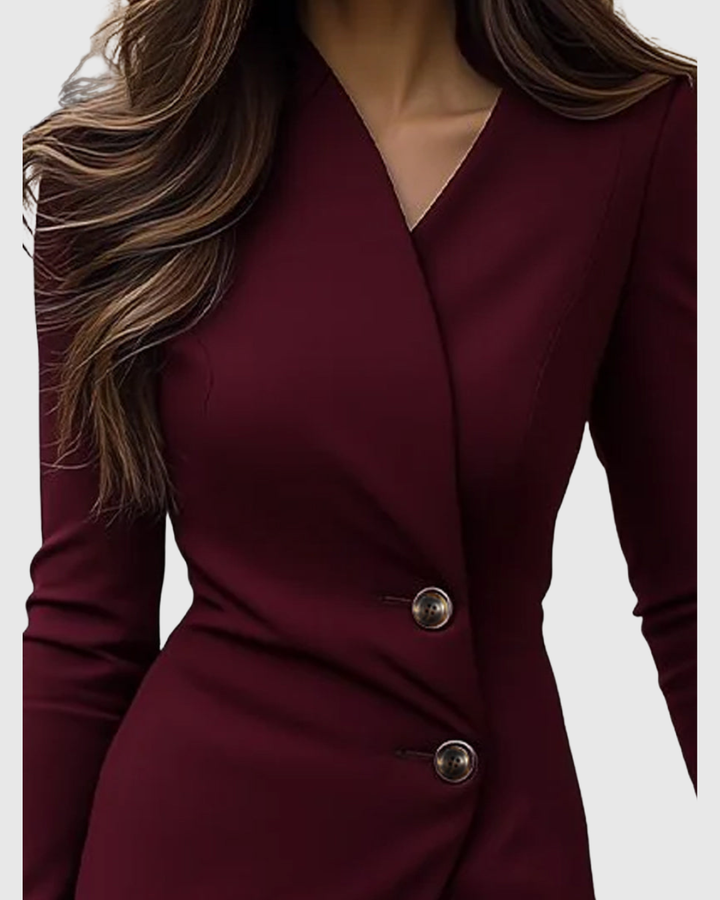 Women's Burgundy Wrap-Style Buttoned Midi Dress with Asymmetric Buttons for Evening