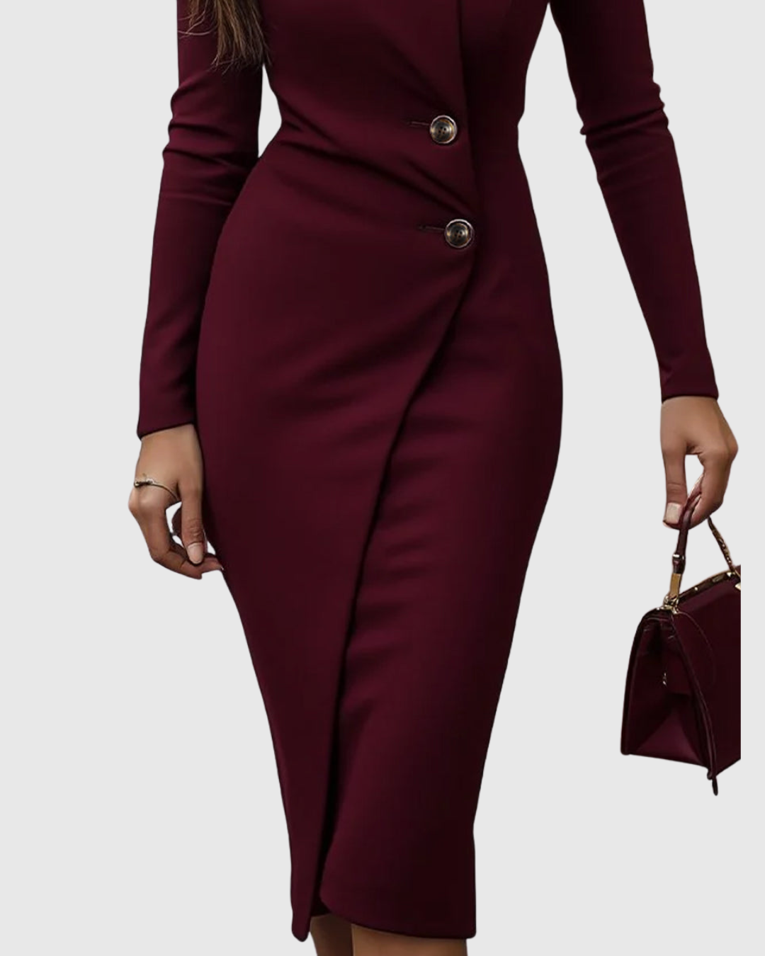 Women's Burgundy Wrap-Style Buttoned Midi Dress with Asymmetric Buttons for Evening
