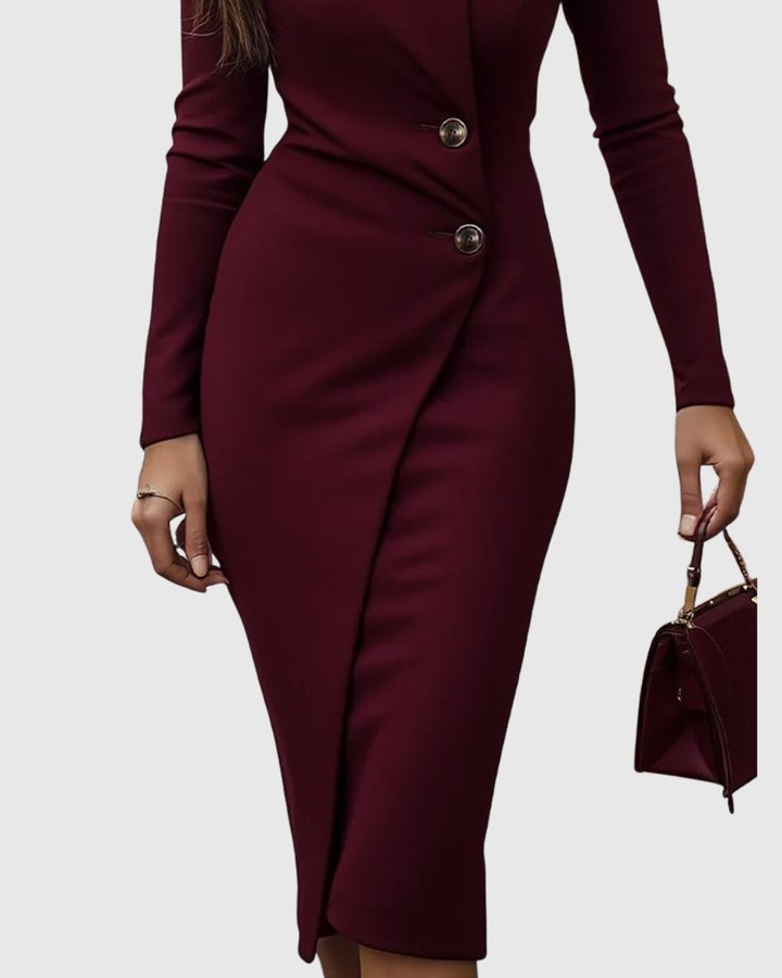 Women's Burgundy Wrap-Style Buttoned Midi Dress with Asymmetric Buttons for Evening