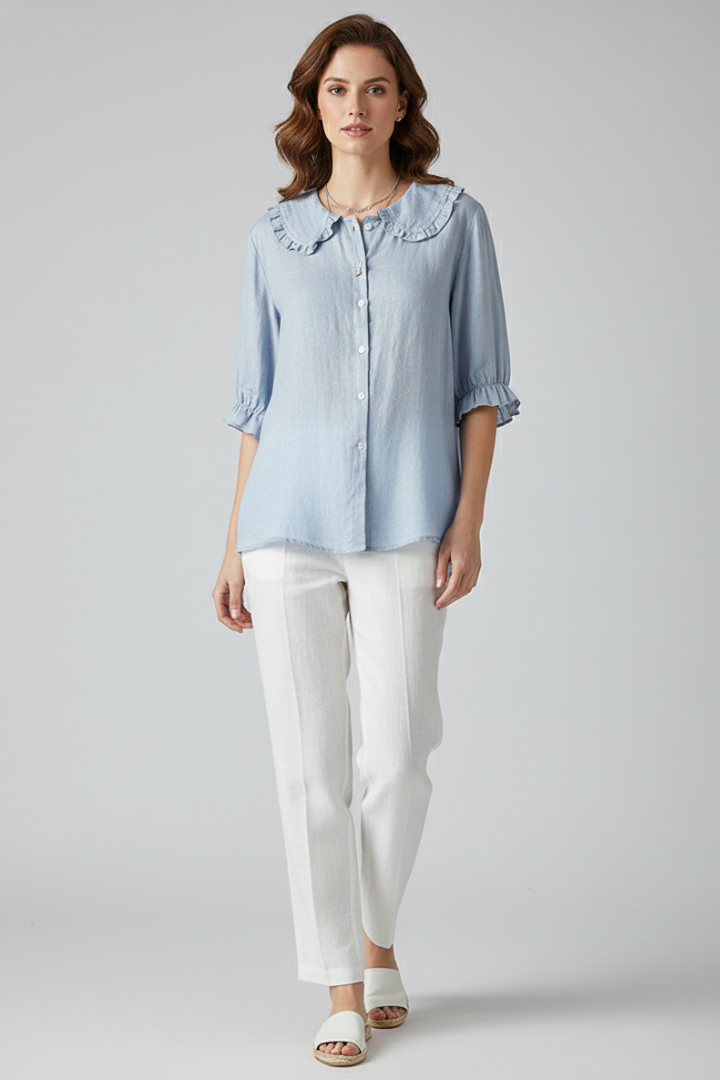 Women's Casual Shirt with Ruffled Collar for Summer Days