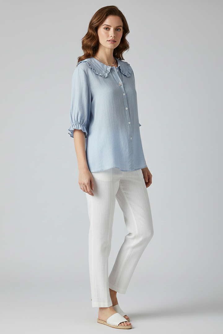 Women's Casual Shirt with Ruffled Collar for Summer Days