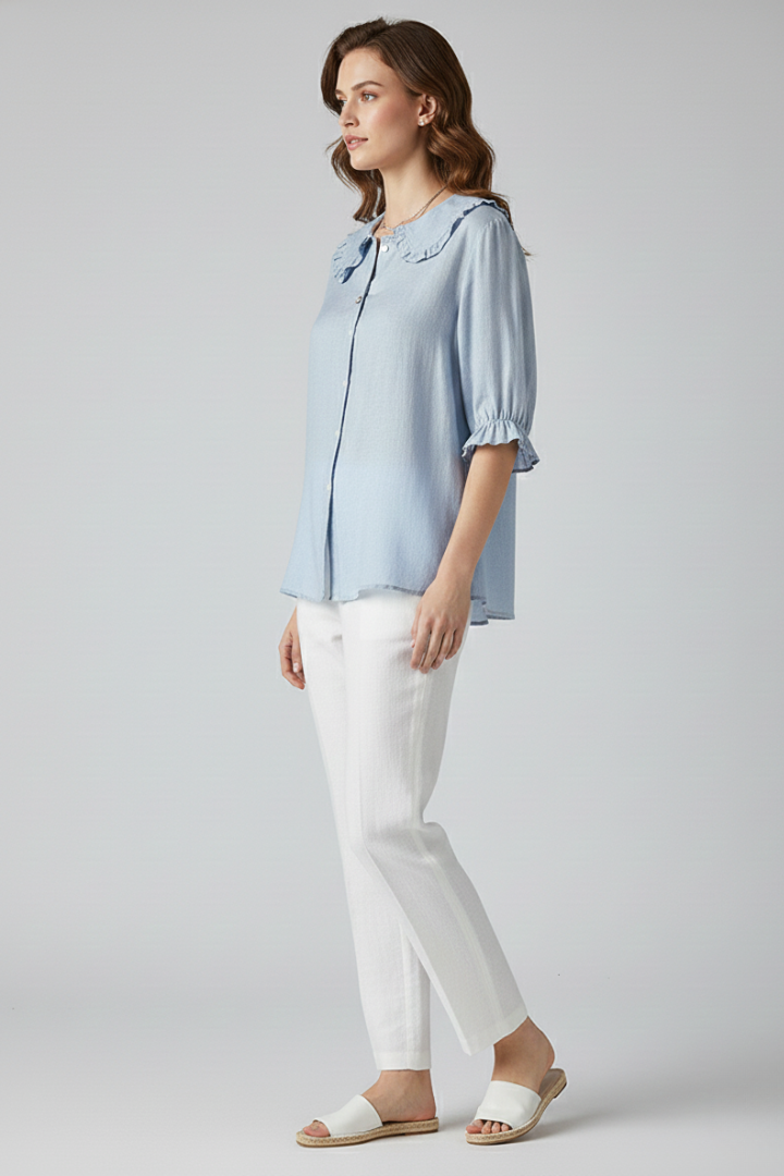 Women's Casual Shirt with Ruffled Collar for Summer Days