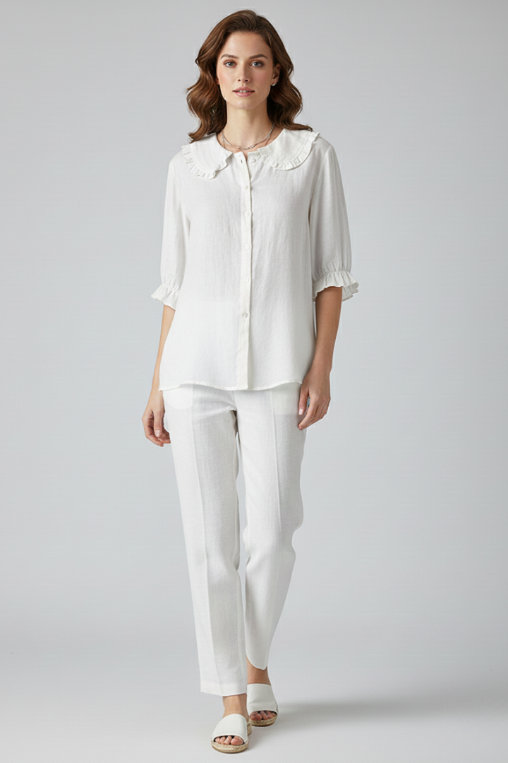 Women's Casual Shirt with Ruffled Collar for Summer Days
