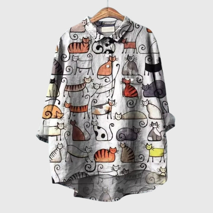 Women's Cat-Print Blouse with Lightweight for Casual Wear
