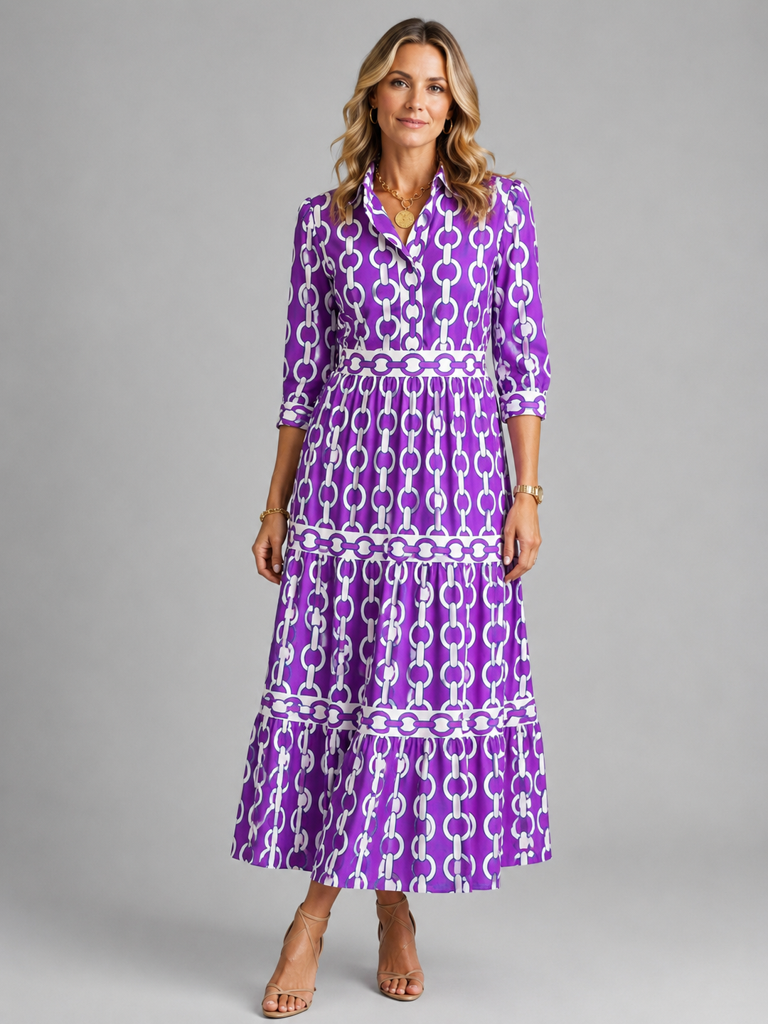 Women’s Chain Print Midi Dress with Flattering