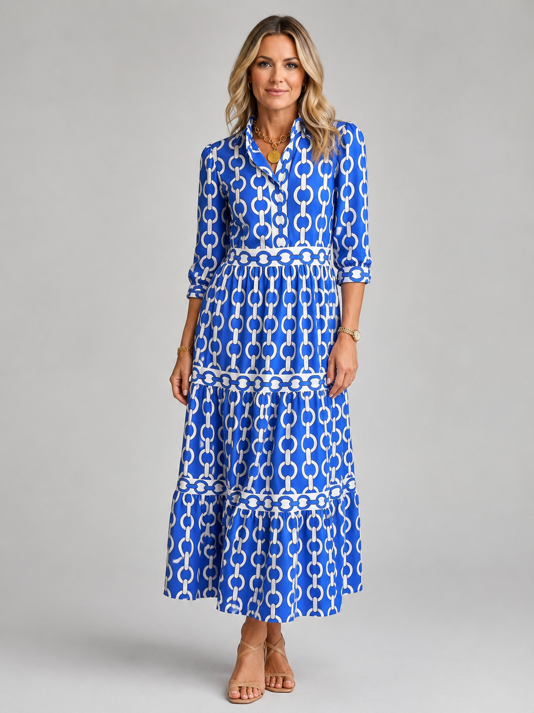 Women’s Chain Print Midi Dress with Flattering